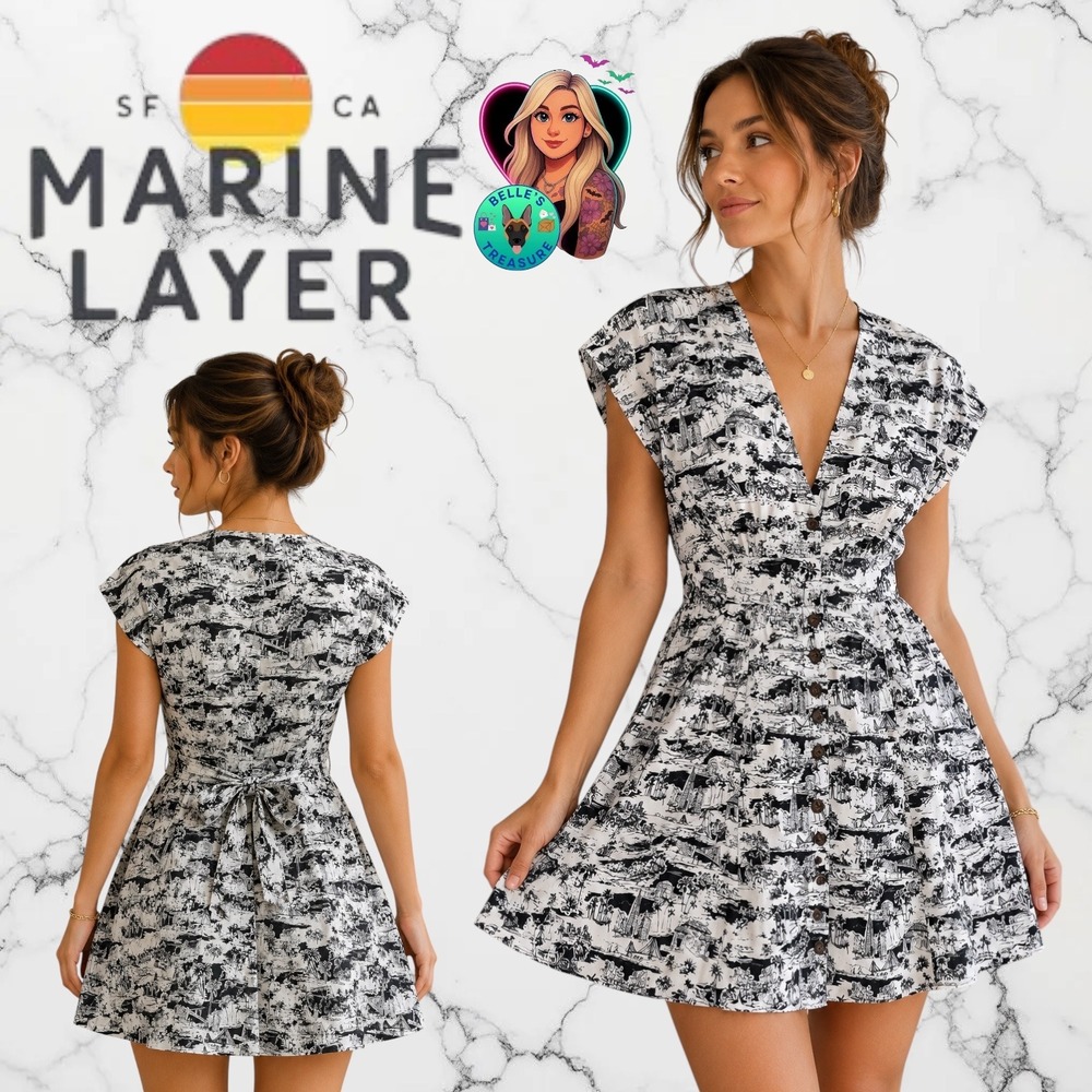 Marine Layer Women's Medium Camila Dress California B&W Print Button Front NEW